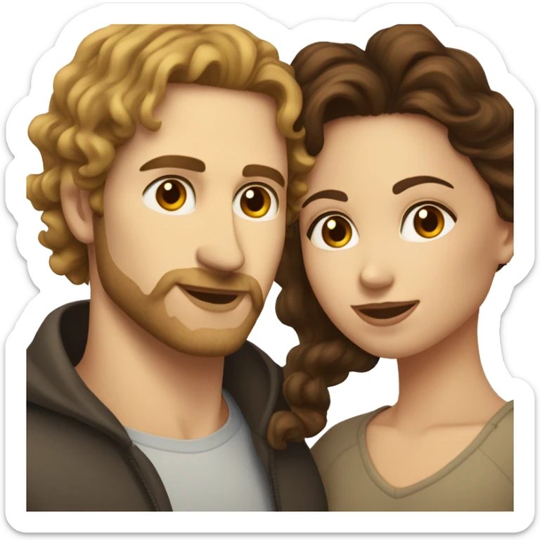 White woman with long dark brown curly hair kissing white man with light brown hair and stubble sticker
