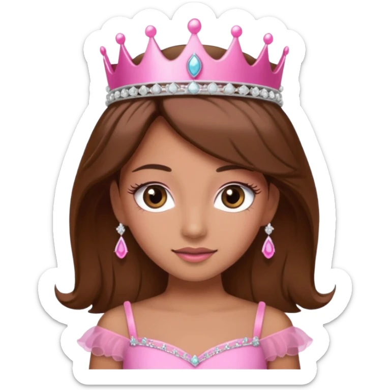 A pretty princess emoji with eye lashes, tan skin and brown hair with a pink dress and tiara  sticker