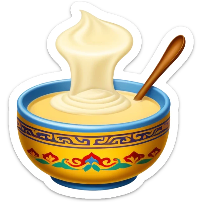 Tibetan butter tea in traditional bowl, simplified emoji style with bold outlines and bright colors, cartoon style creamy yak butter drink sticker