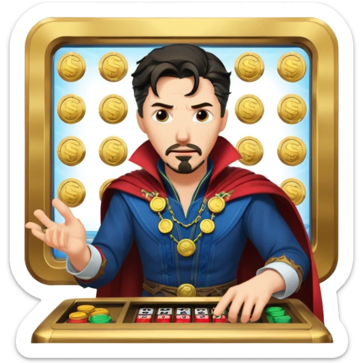 disheveled Doctor Strange losing money at a slot machine, panicked face, coins flying sticker