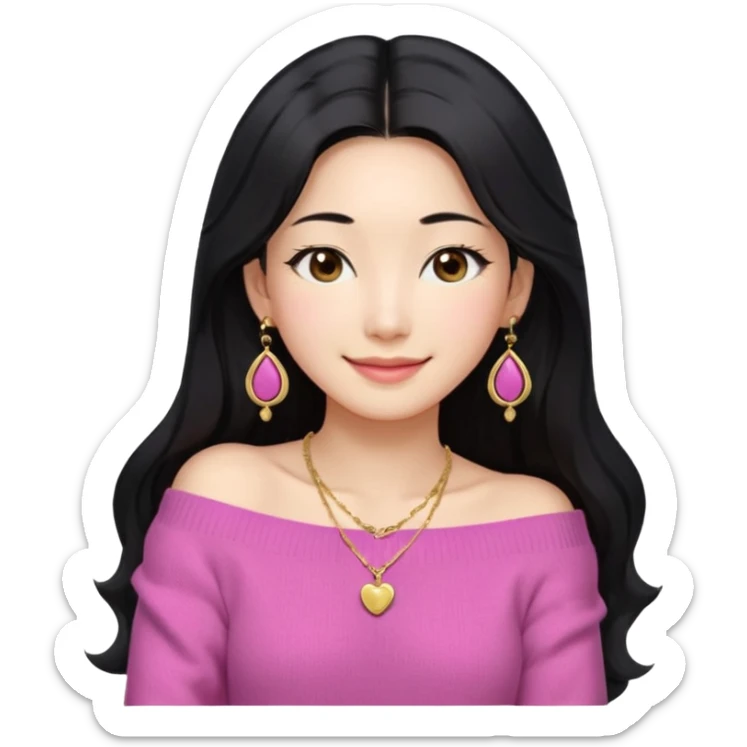 South Korean girl in her mid-thirties with long black hair with a middle part. She is wearing a pink, off the shoulder long sleeve knit sweater, extra small gold earrings and a gold necklace. She has brown eyes with narrow, mono lid shape and smiling with lips together sticker