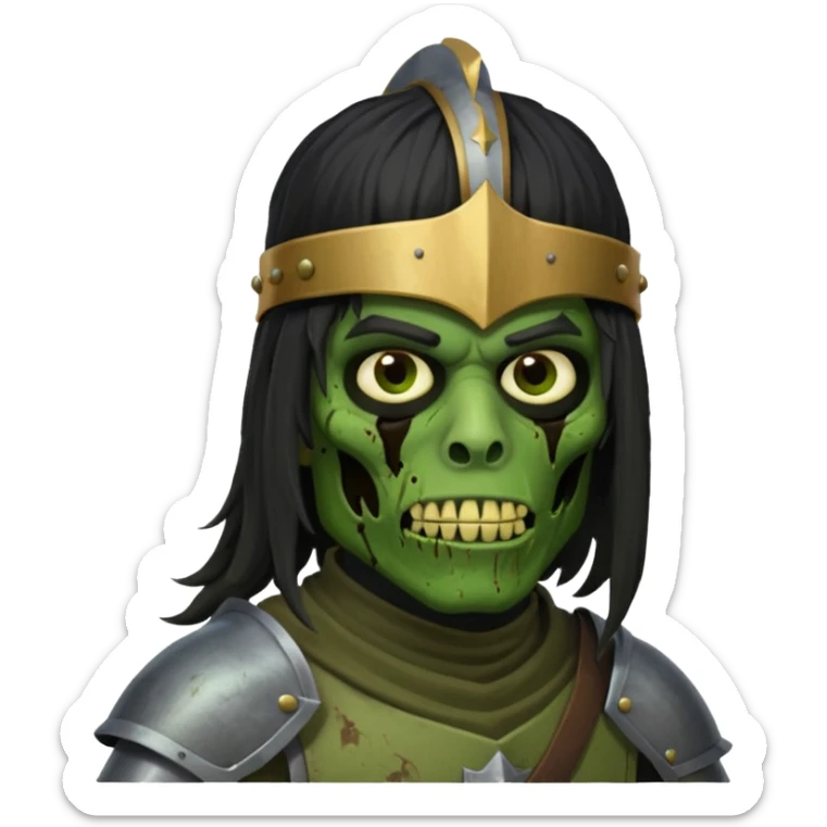A black male with long black rough hair wearing a knight helmet with green zombie skin  sticker
