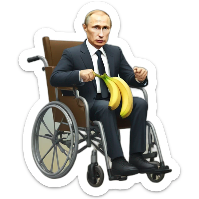 furious vladimir putin monke holding a banana rides golden toilet wheelchair sticker
