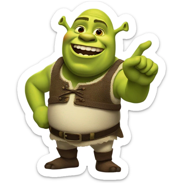 Shrek saying oh hello there and waving his hand but only his tiny arms and legs are attached to his body sticker