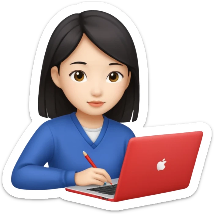 An asian girl is preparing for IELTS online with a laptop. sticker