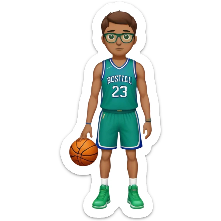 Full Body large white male with brown hair basketball player wearing glasses wearing blue green uniform sticker