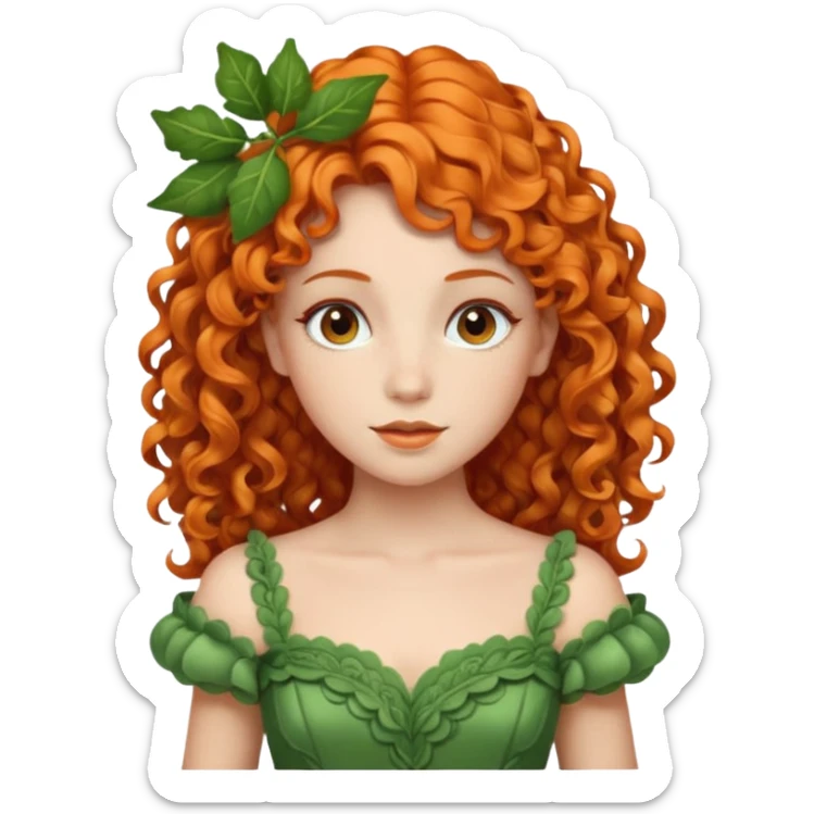orange curly hair beautiful princess full body in leafy green dress elegant sticker