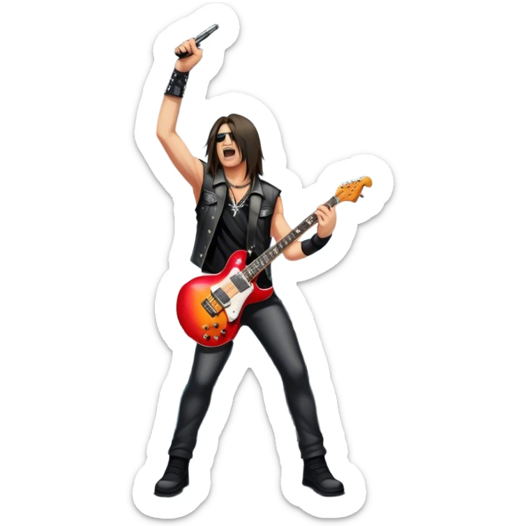 Icon for Heavy Metal: a metal band on stage, with electric guitars, drums, and a powerful vocalist. The atmosphere is intense with flashing lights, music notes, and a crowd of fans. The design should capture the energy and power of a live heavy metal performance. Transparent background. sticker