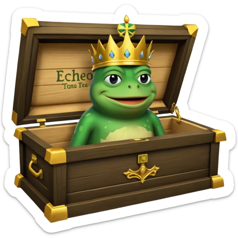 Emoji of an empty wooden coffin with its lid on top, the word ‘ECHO’ carved into the lid. The coffin is shown from the outside. A king-like Pepe the Frog, standing outside the coffin, is hammering nails into the lid to seal it shut. No character is inside the coffin. Not a treasure chest. sticker