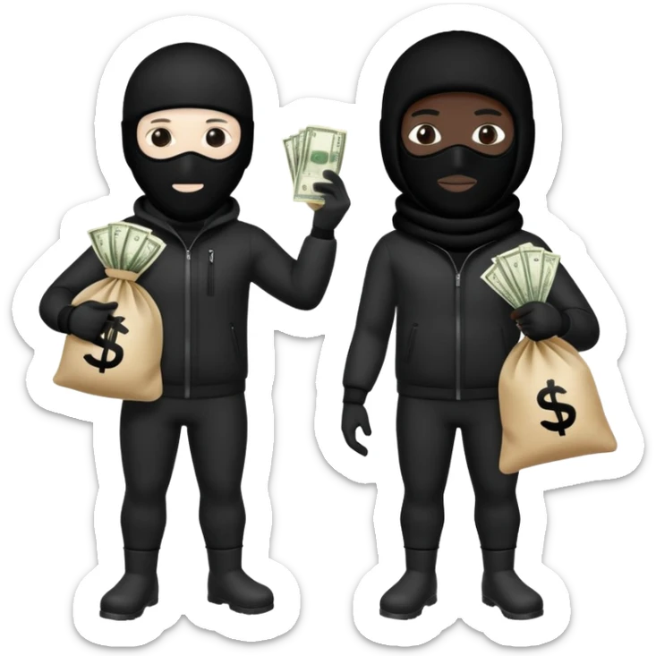 Two men one with white skin color and the other black skin color and both wearing black Ski masks holding money bag sticker