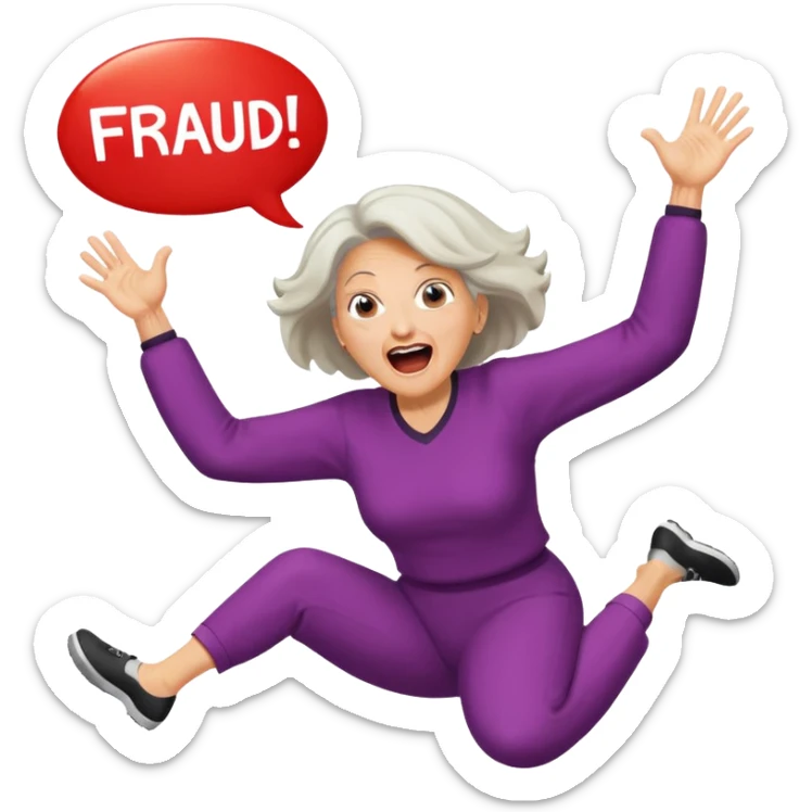 Older Woman jumping screaming and word “fraud” in a bubble sticker