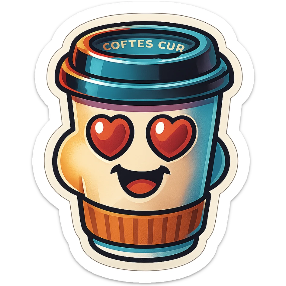 Ink wash style, coffee cup creature, big heart eyes, dopey smile sticker