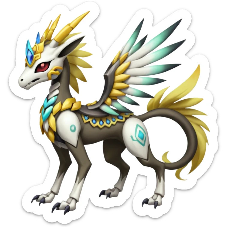 Colorful Skeletal masked armored Meloetta-Silvally-Solgaleo-Raikou-Pokémon-Digimon-Fakémon-fusion-hybrid-creature, full body sticker