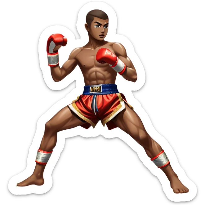 Muay Thai traditional – Cinematic Realistic Traditional Muay Thai Fighter, depicted in authentic Muay Thai attire with arm bands and shorts, poised in a dynamic fighting stance in a traditional Thai stadium, rendered with vivid textures and dramatic, high-contrast lighting that accentuates the art’s intensity. sticker