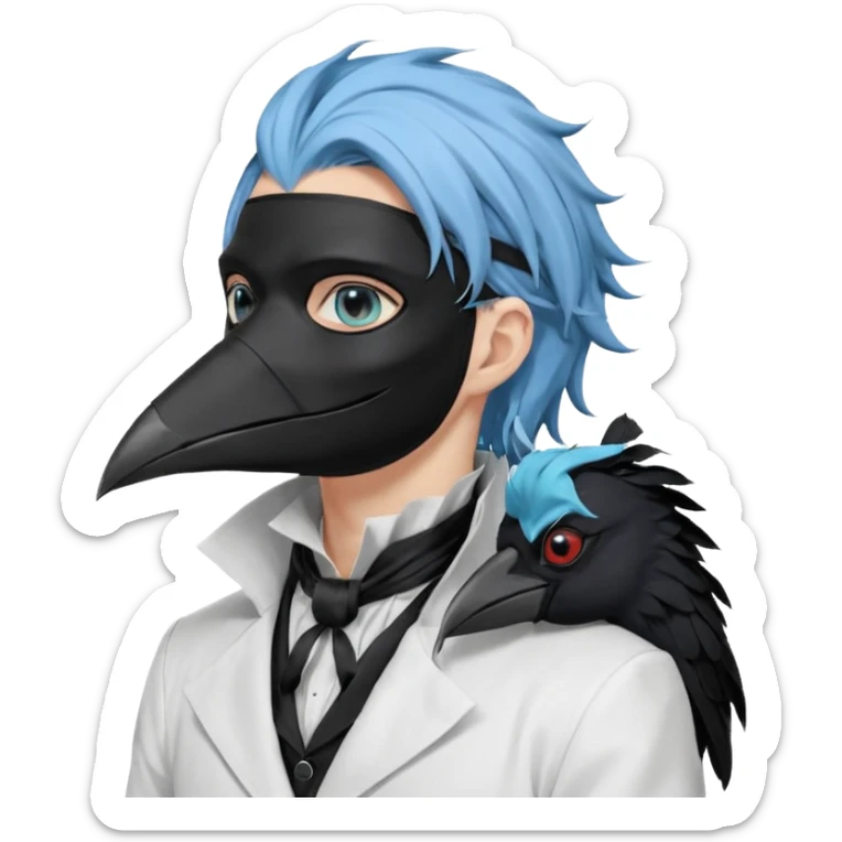 Handsome sexy adult anime man with light-blue hair and a black bird beak mask that covers whole face, black face mask, black mouth mask, black feathers draped over shoulder, wearing a white lab coat, long thin hair tendrils on the sides, with a mechanical raven sidekick, blue cravat, red eyes sticker