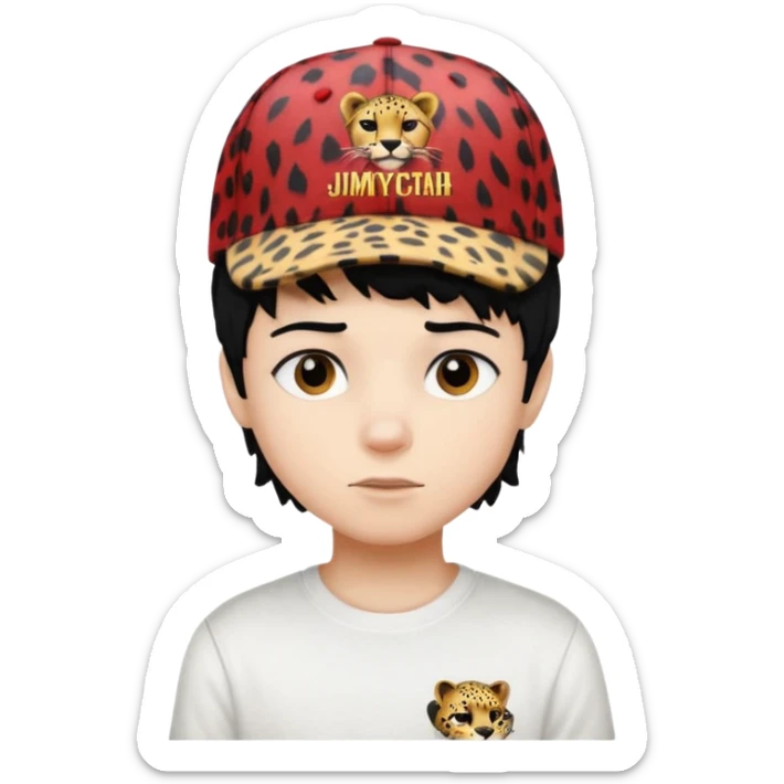 Boy with black hair and a cap that has the phrase #jimmy written on it with cheetah print texture, and white shirt emoji emo sticker