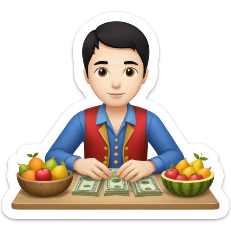 hombre piel clara pelo negro con ropa de frutero sentado en una mesa contando mucho dinero sticker