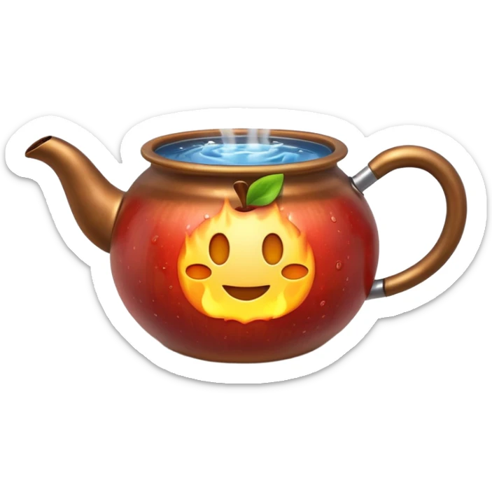 Ultra detailed 3D Apple-style emoji of a small pot or kettle filled with water placed on fire, the water is boiling intensely with visible steam and bubbles rising, bright lighting, clean white background, high-quality realistic emoji rendering. sticker