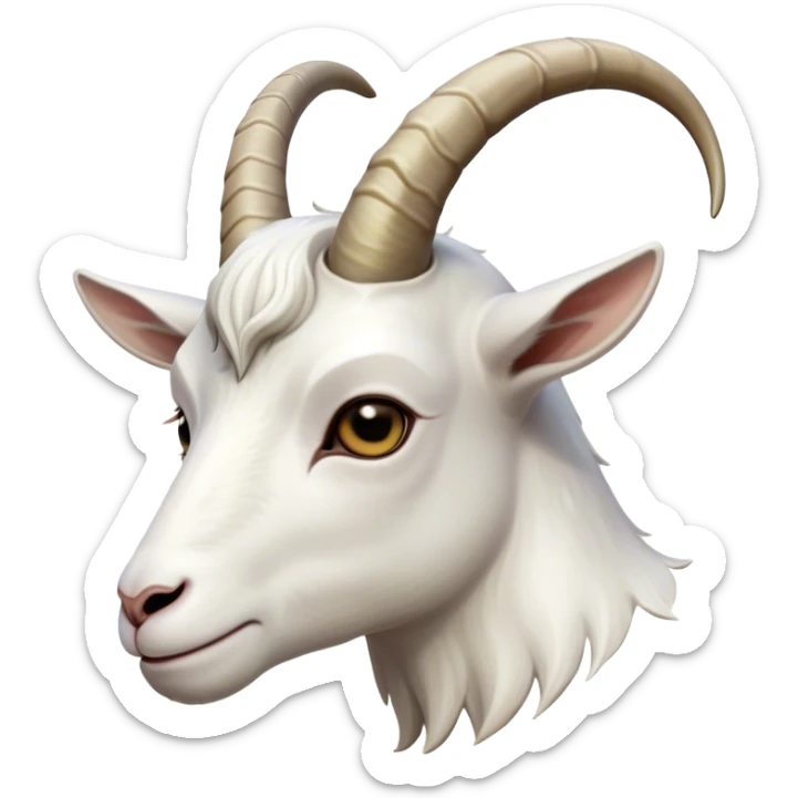 Cinematic Noble White Goat Portrait Emoji, Poised and regal, with a sturdy, agile build and a pristine, smooth white coat accented by gracefully curved horns, deep-set soulful dark eyes, Simplified yet sharp and sophisticated features, highly detailed, glowing with a soft, dignified glow, high shine, intelligent and spirited, stylized with an air of pastoral elegance, focused and attentive, soft glowing outline, capturing the essence of a watchful and confident goat, so majestic it feels as though it could leap out of the screen with effortless authority! sticker