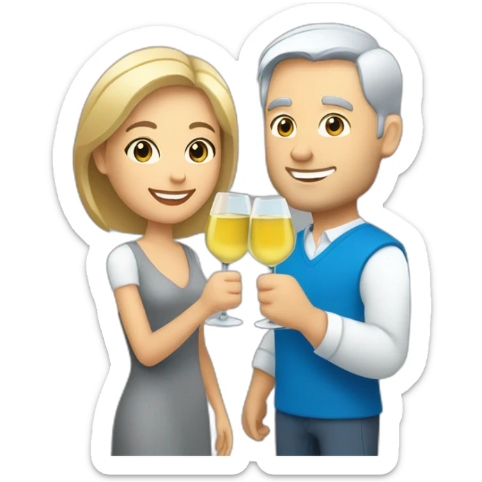 caucasian woman with brown eyes and blond short hair and a caucasian man with blue eyes and grey hair, toasting with a glass of white wine sticker
