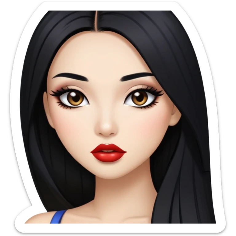 baddie with Asian and Latina features, long straight black hair, glamour makeup, white skin sticker