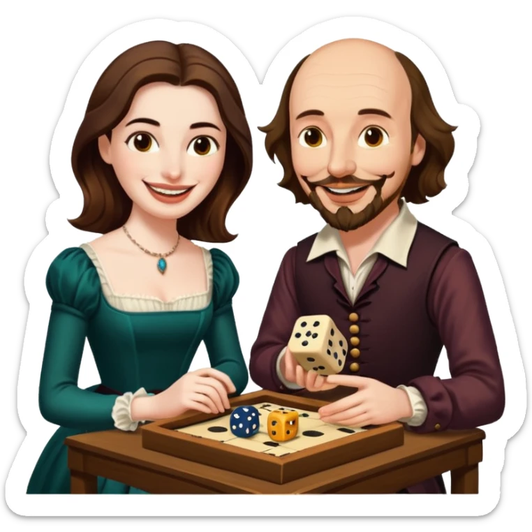 Can you make an emoji of William Shakespeare and Anne Hathaway (his wife-1582) playing Yahtzee  sticker