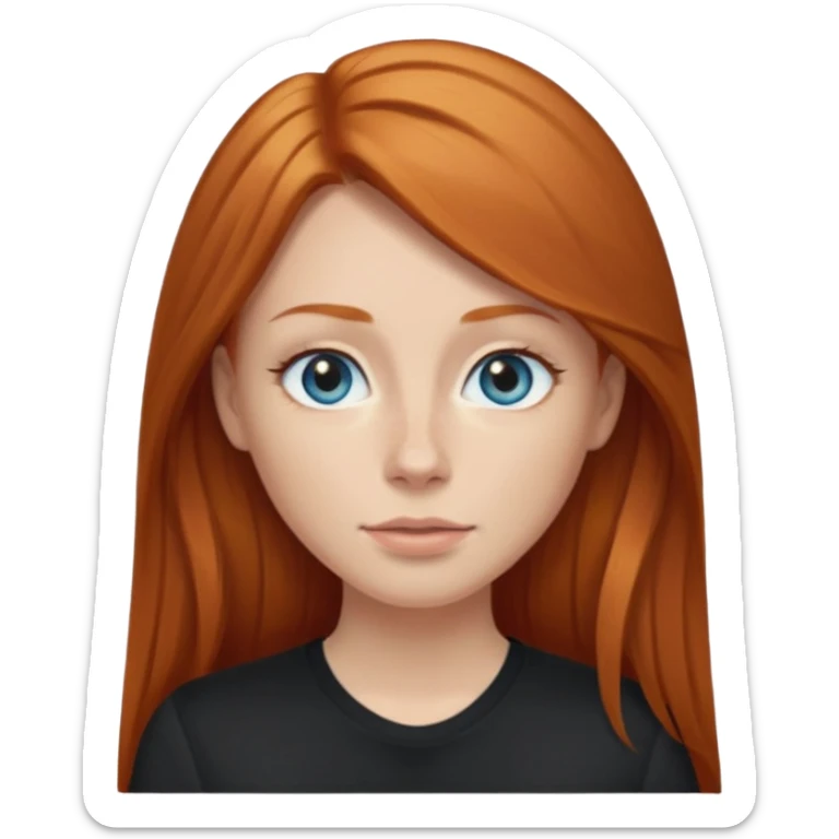 Ginger head woman with long hair and lightblue eyes, straight nose, almond eyes, black shirt,  sticker