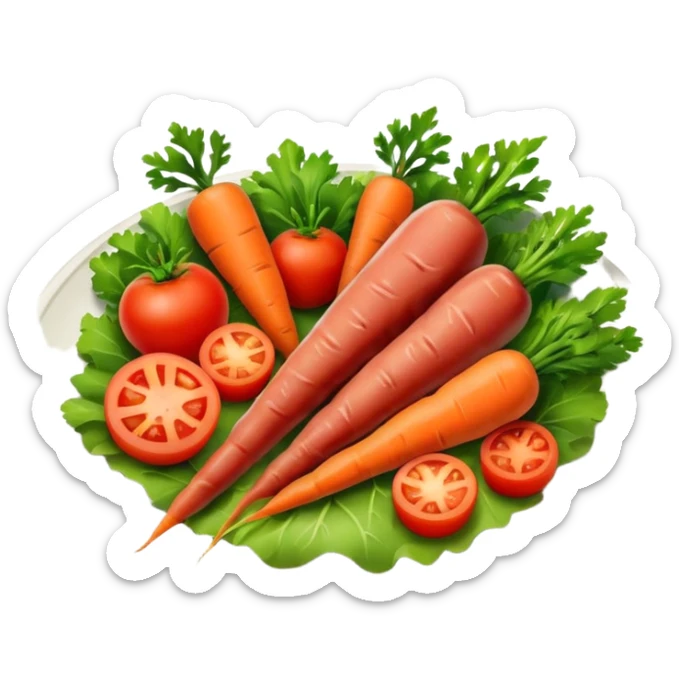 a plate of food with meat and vegetable and carot and tomato sticker