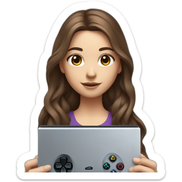 Caucasian Girl with long Brown hair holding the back of a playstation 4 controller looking at a screen sticker