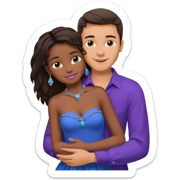 Tan tall brunette European male in blue shirt smiling and hugging a jet black African girl in purple strapless dress and blue jewelry they are on a beach with blue ocean water and palm trees sticker
