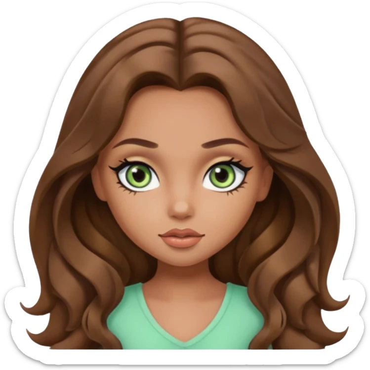 pretty bratz girl, long wavy brown hair, pale green eyes, black eyeliner, tan skin sticker