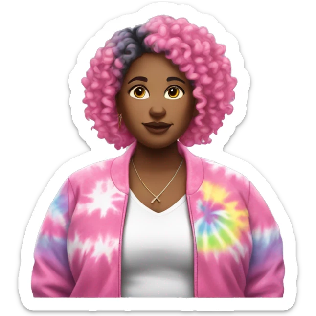 Pretty Plus size black woman with pink curly hair and a tie dye jacket  sticker