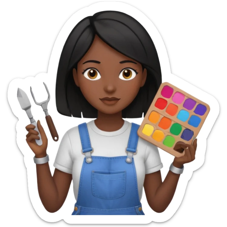 Créame emoji de una mujer que sea diseñadora industrial, pelo negra, piel morena, femenina con overol y una paleta de colores o herramientas de taller piel oscura chocolate  sticker