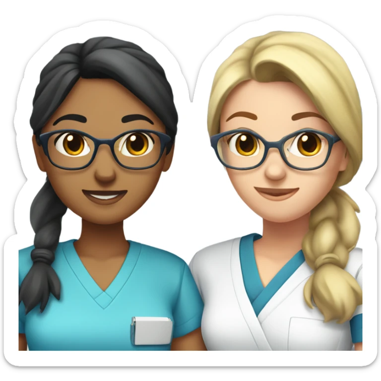 Two olive-toned Best friend nurses in blue scrubs. one girl has glasses with black hair in a pony tail. The other girl has long hair but no glasses sticker