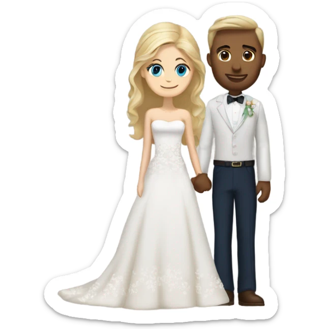 Pretty blonde hair and blue eyed bride holding hands with brown haired brown eyed groom sticker