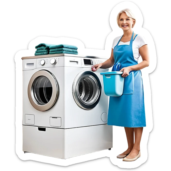 Eine Frau steckt bis zum Bauch in einer Waschmaschine fest und nur die Beine gucken raus und zwei schwarze männer ziehen an ihren Beinen um sie raus zu holen  sticker