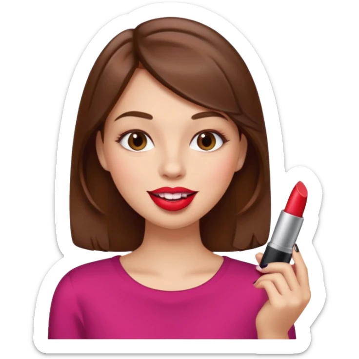 Girl putting lipstick on with Brown hair and big lips sticker