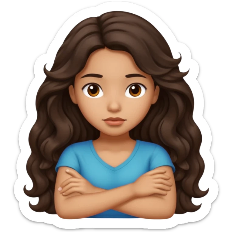 Hispanic girl with long dark brown wavy hair crossing her arms and slightly pouting sticker