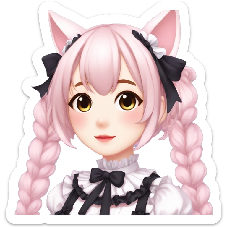 Gorgeous anime style catgirl with blushing face with maid outfit laces gothic Lolita idol model kawaiicore pastelcore cottagecore pearly petite simplistic aesthetic trending style sticker
