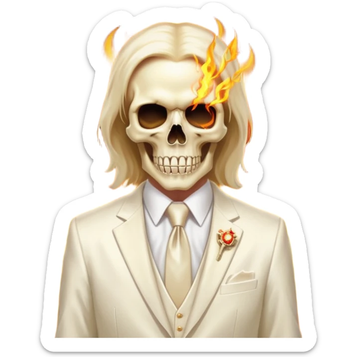 aesthetic shiny glowing divine lighting - Megadeth icon - a politician in an ivory ethereal suit wears a white tie, has a skull instead of a head, and instead of glasses, burns in fire sticker