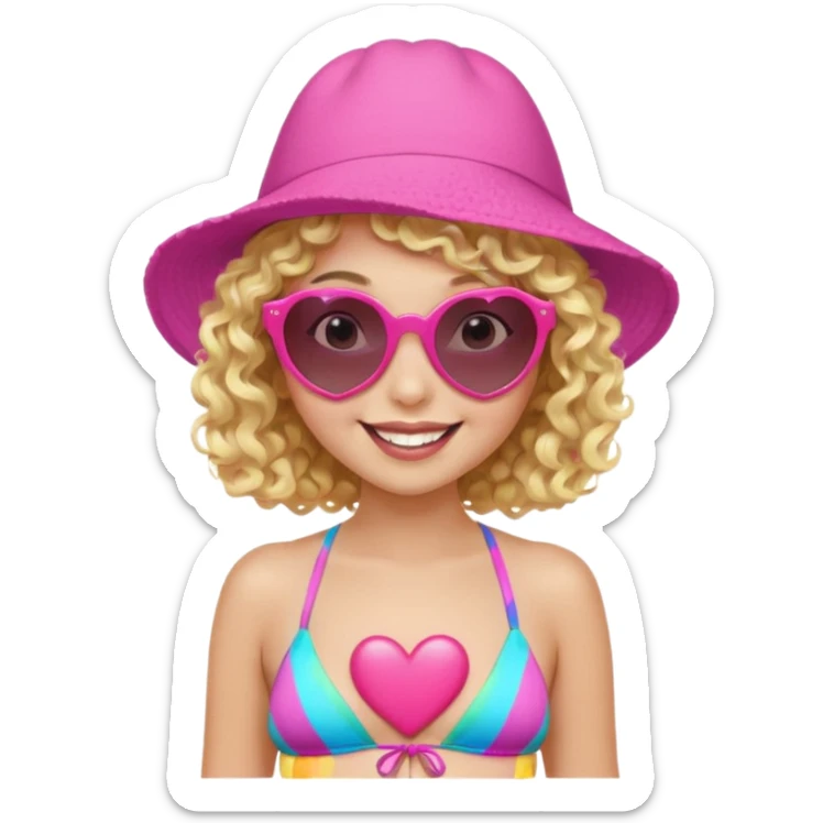 young girl, short curly blonde hair, white skin, pink floppy hat, heart sunglasses, colorful bikini, big bright smile sticker