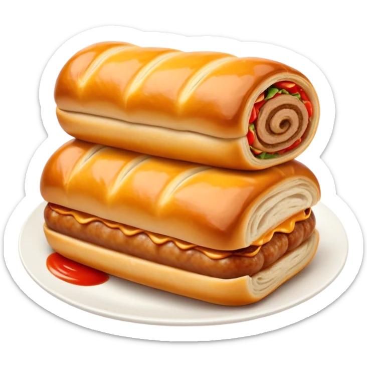 cinematic-realistic-sausage-roll-dish-emoji,-depicted-with-a-crisp,-golden-pastry-wrapped-around-flavorful-sausage,with a squeeze of tomatoe sauce on top sticker