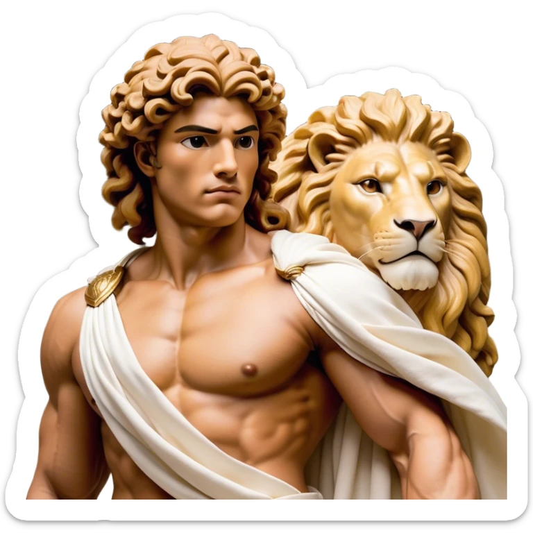Cinematic Realistic Hercules Portrait, depicted as a classical Greek hero merging the fierce masculinity of the lion-wrestling Hercules with the refined face of Michelangelo's David. His light tan, chiseled skin glows with timeless strength, and his thick, curly, golden brown hair cascades in natural, sculpted curls reminiscent of a warrior’s mane. Draped in a flowing white robe with delicate golden accents and crowned with a traditional Greek laurel wreath, his intense, determined eyes exude noble might, all rendered under dynamic natural lighting with a mythic, radiant glow. sticker