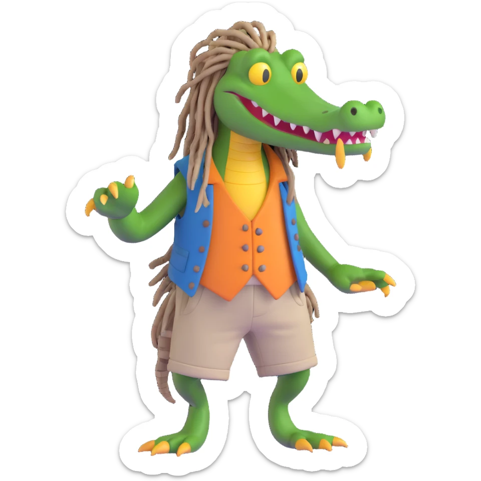 3D cartoon Rasta alligator, wearing a vest and shorts, with long dreadlocks, lively and expressive sticker