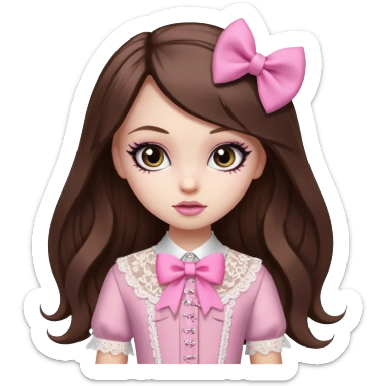 pretty, brown long hair, pale skin, eyeliner, pink bow, lace clothes, bratz baddie sticker