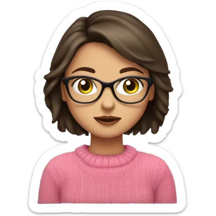 brunette green eyed girl with glasses shrugging with pink sweater  sticker