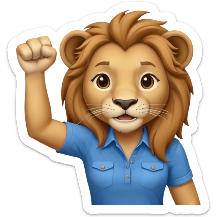 friendly anthropomorphised female lion in a shirt and pants with fist raised, energetic pose sticker
