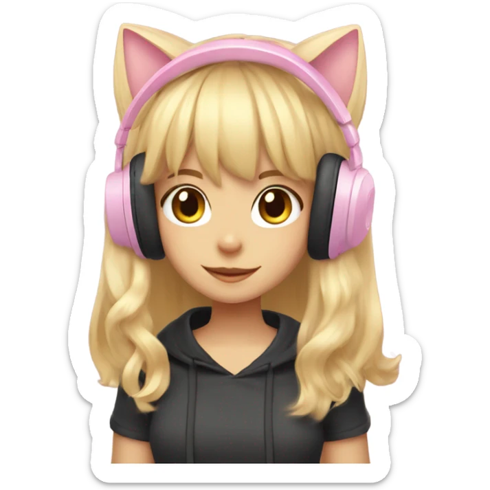 Girl with blonde hair with bangs with pastel pink gaming headset that has cat ears sticker