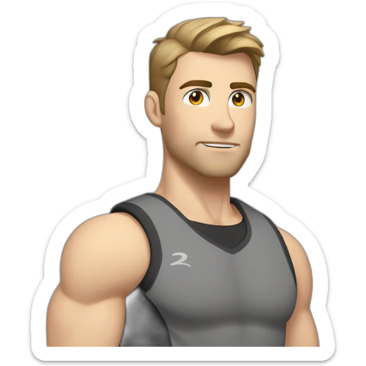 Pale skinned Fit Man With the biceps and dark brown hair in black shirt, gray sports shorts and white Sneakers His right hand near his back of the head sticker