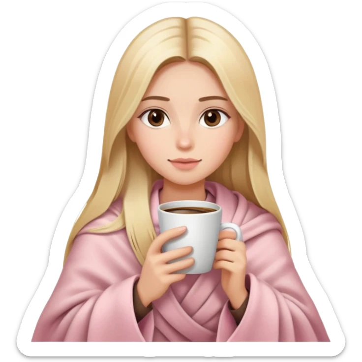 Long blonde straight balayage hair girl drinking coffee, almond dark brown eyes, soft pink blanket sticker